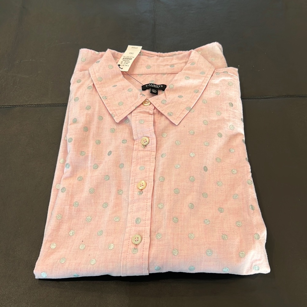 🎉Host Pick🎉Talbots Plus Petite Women’s Pink & Silver Polka Dot Shirt Size 1XP